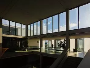 interior of a building with glass panels