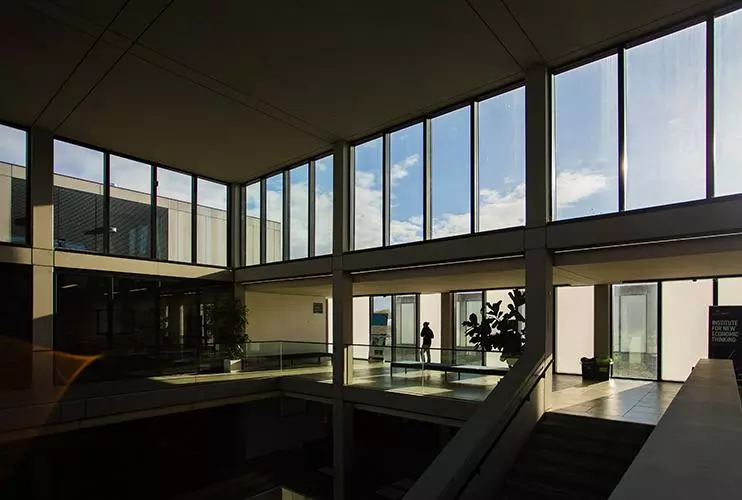 interior of a building with glass panels